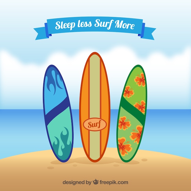 Gratis vector surfplanken op het strand met een citaat