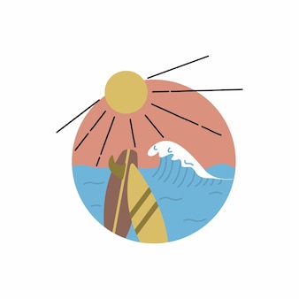 Surfplanken zwaaien en zee in een cirkel een handgetekende vector voor afdrukken op t-shirts, posters en andere