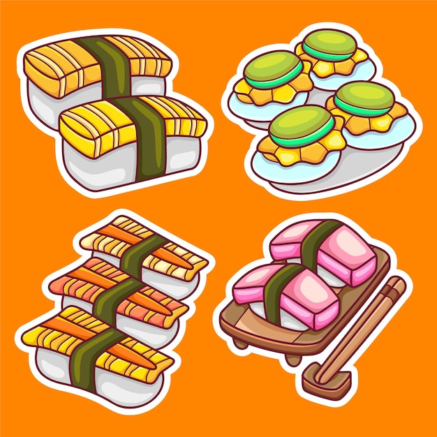 Sushi sticker pictogrammen hand getekende kleur vector