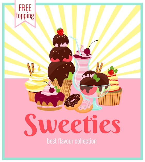 Sweeties retro posterontwerp met een kleurrijke reeks ijstaarten, koekjes, donuts en cupcakes met gele stralen en tekst - sweeties - gratis toppings