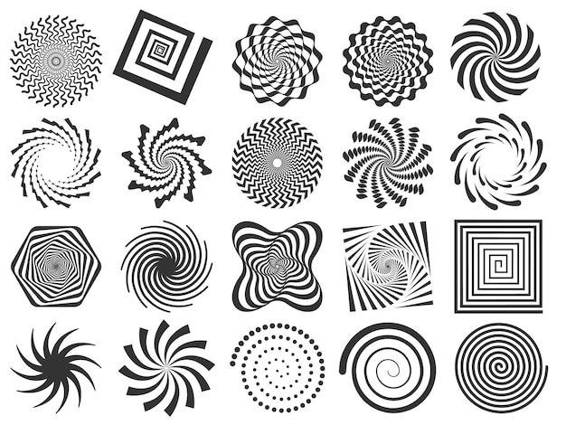 Swirl silhouet. spiraal wervelende spin, wervelingencirkel en samenvatting gewervelde silhouetten vectorillustratiereeks