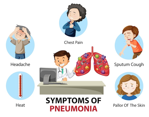 Symptomen van longontsteking cartoon-stijl infographic