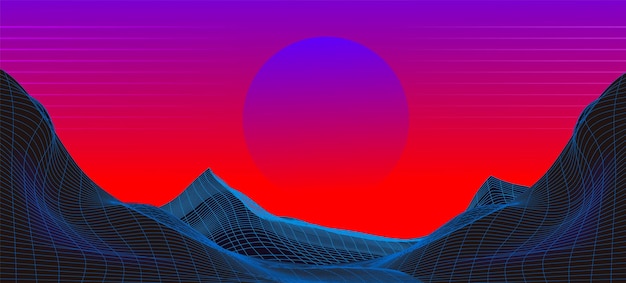 Gratis vector synthwave retro achtergrond met neon roze zonsondergang