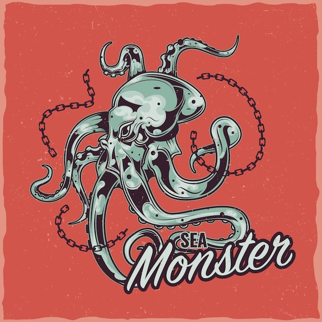 T-shirt labelontwerp met illustratie van octopus