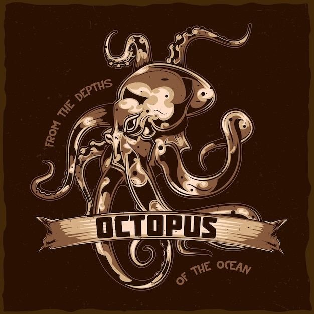 T-shirt labelontwerp met illustratie van octopus