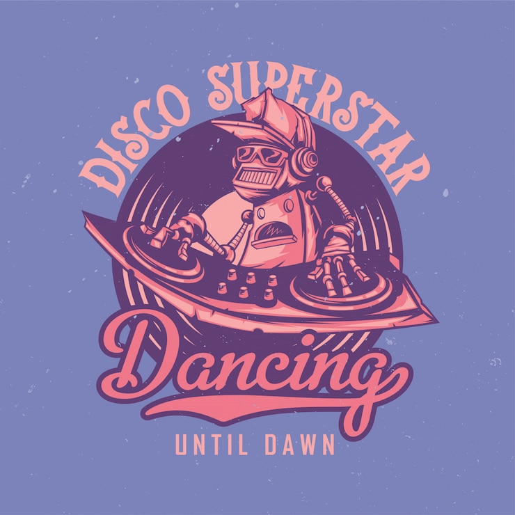 Gratis Vector t-shirt of posterontwerp met illustraion van robot-discjockey
