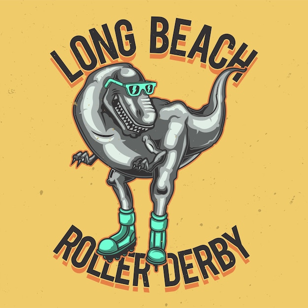 Gratis vector t-shirt of posterontwerp met illustratie van een dinosaurus op de rolschaatsen.
