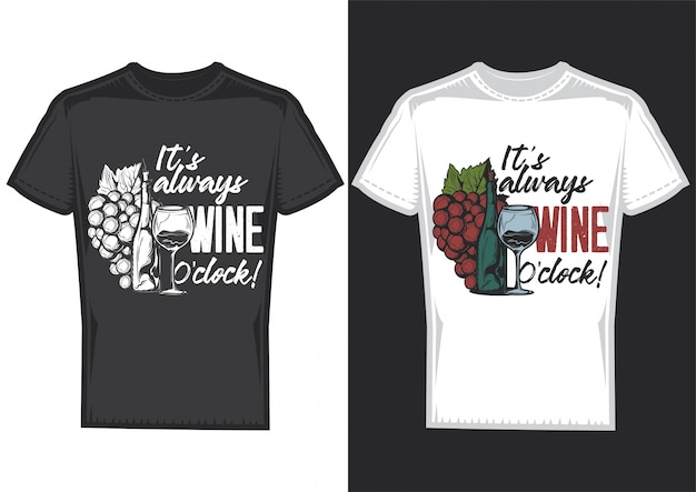 T-shirtontwerp op 2 t-shirts met posters van een fles wijn en een glas.