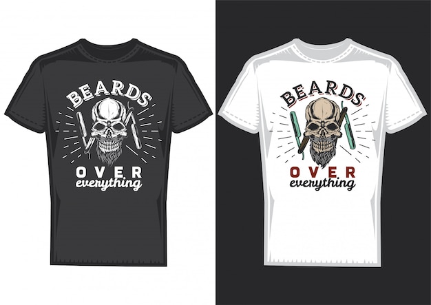 T-shirtontwerp op 2 t-shirts met posters van kappersschedels.