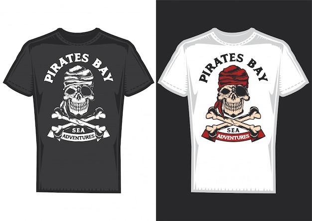 T-shirtontwerp op 2 t-shirts met posters van piraten met botten.