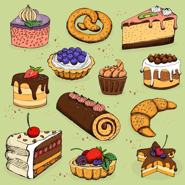 Gratis Vector taarten en meelproducten voor bakkerij, gebak