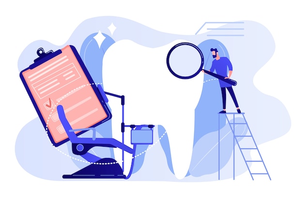 Tandarts met vergrootglas op ladder die enorme geduldige tand en tandartsstoel onderzoekt. Particuliere tandheelkunde, tandheelkundige service, concept van een eigen tandheelkundige kliniek. Roze koraal bluevector vector geïsoleerde illustratie