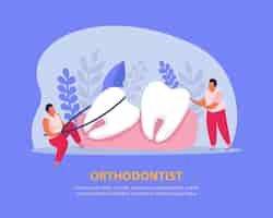 Gratis vector tandgezondheid platte kleurcompositie met bewerkbare tekst en menselijke karakters die voor de tanden tussen haakjes zorgen