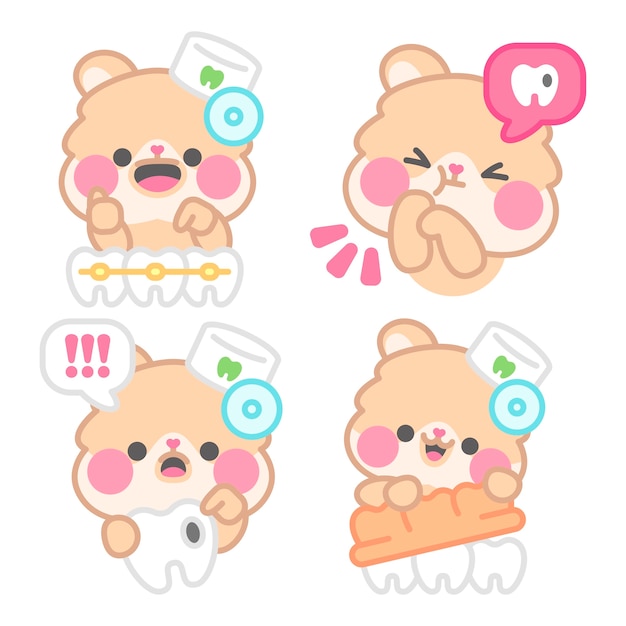 Gratis vector tandheelkundige sticker collectie met kimchi de hamster.