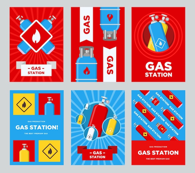 Tankstation flyers ingesteld. cilinders en ballonnen met brandbare teken vectorillustraties met reclametekst. sjablonen voor tankstationposters of spandoeken