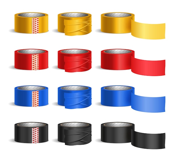 Tape roll felgekleurde stukken realistische set geïsoleerde vectorillustratie