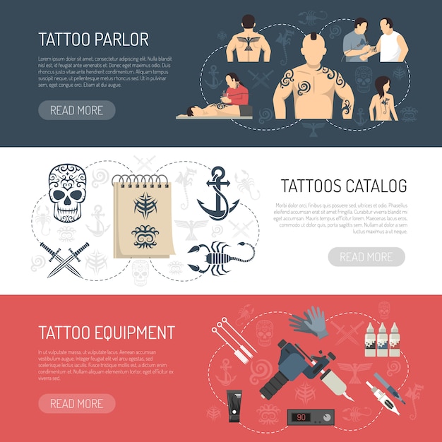 Gratis vector tattoo studio horizontale banner instellen