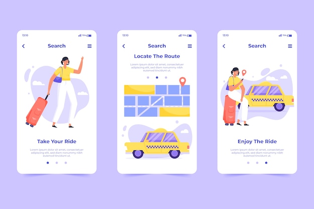 Gratis vector taxiservice onboarding app schermconcept