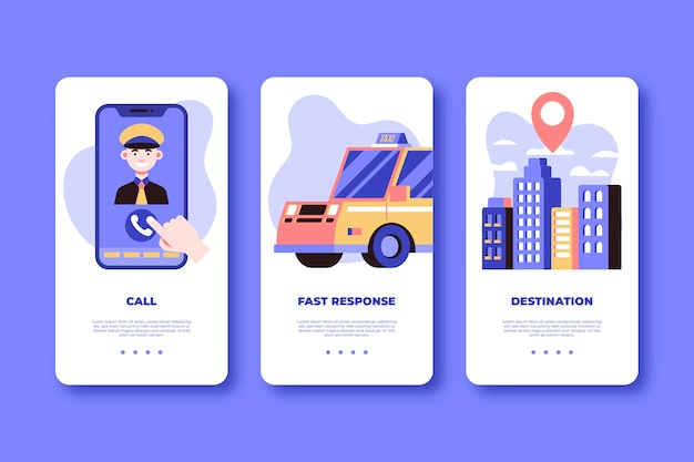 Gratis vector taxiservice onboarding app schermen ingesteld