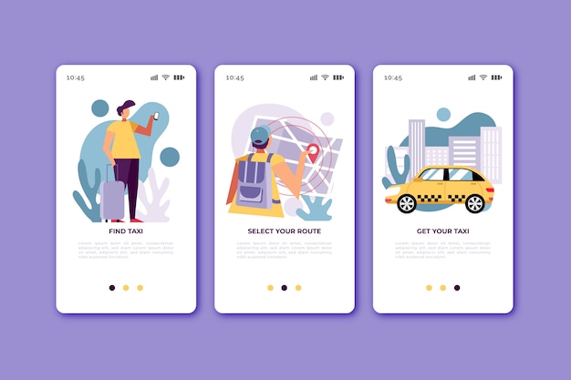 Gratis vector taxiservice onboarding app-schermen voor mobiele telefoon