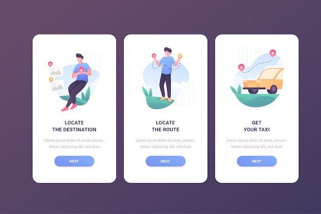 Taxiservice onboarding app-schermen