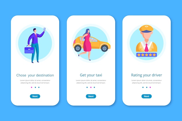 Taxiservice onboarding app-schermen