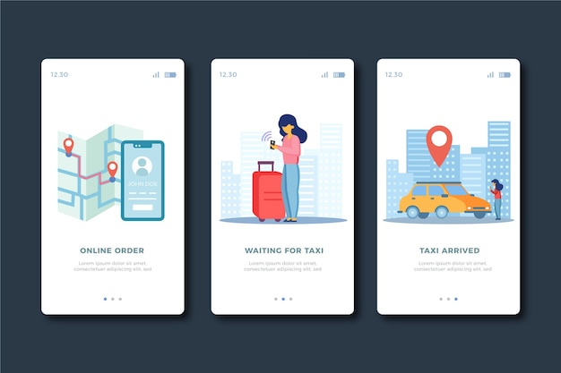 Taxiservice onboarding app-schermen