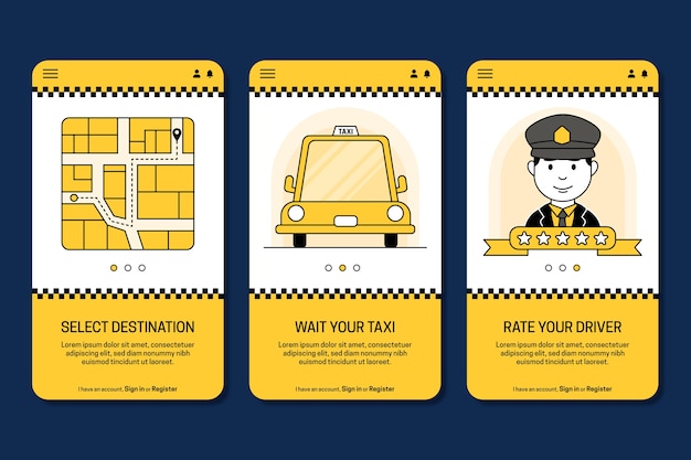 Gratis vector taxiservice onboarding app-schermen