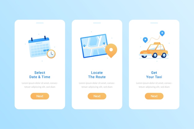 Gratis vector taxiservice onboarding app-schermen