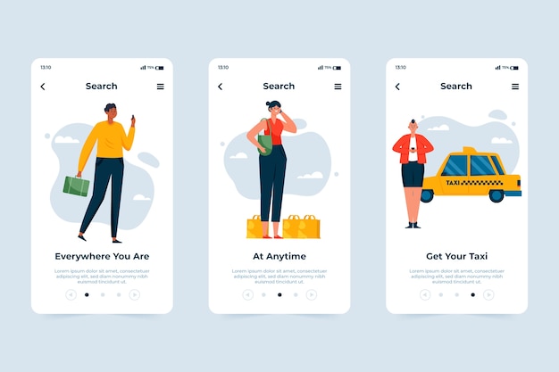 Gratis vector taxiservice onboarding app schermthema