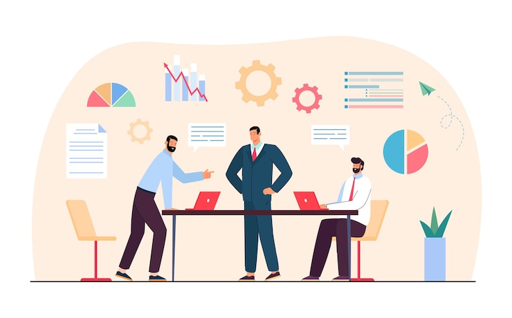 Gratis Vector team van bedrijfsmensen die samen aan een zakelijk project werken. kantoorpersoneel bij het ontmoeten van platte vectorillustratie. workflow, teamworkconcept voor banner, websiteontwerp of bestemmingswebpagina