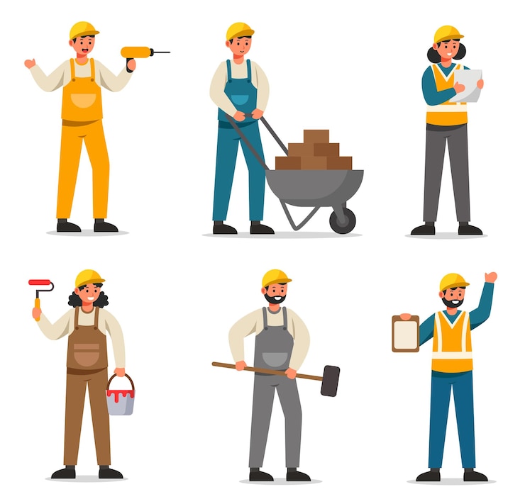 Gratis Vector team van bouwers en aannemers in de industrie die samen op de bouwplaats staan. de voorman houdt het werkplan vast om de arbeiders opdracht te geven om volgens het plan te bouwen. platte vectorillustratie