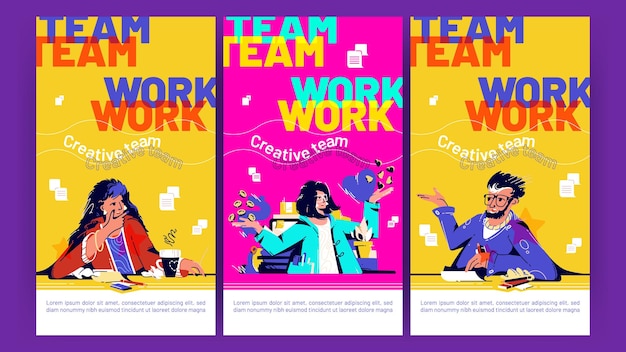 Gratis vector teamwerkposters met mensen die samen praten