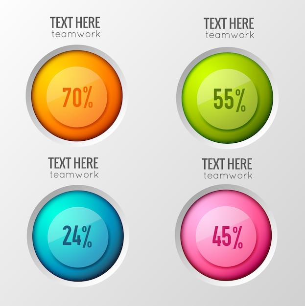 Teamwork bedrijfsconcept met interactieve poll-opties met ronde kleurrijke knoppen en percentage met tekstbijschriften