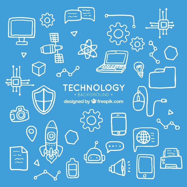 Gratis Vector technologie elementen achtergrond in de hand getrokken stijl