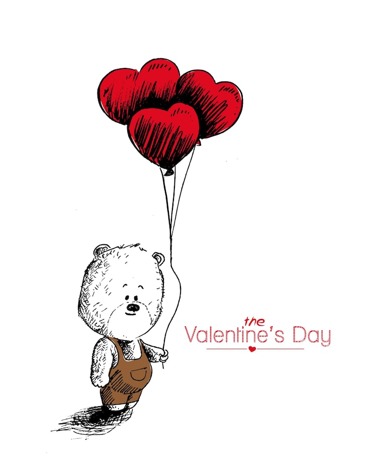 Gratis Vector teddy met ballonnen in de vorm van een hart cartoon handgetekende schets vectorillustratie