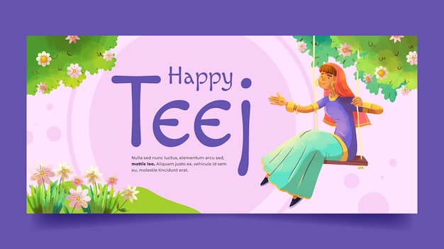 Gratis vector teej aquarel horizontale banner sjabloon met vrouw in swing