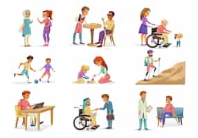Gratis vector tekenfilmreeks gehandicapte blinde dove en stomme mensen met prothesen in rolstoel die diverse activiteiten geïsoleerde vectorillustratie doen