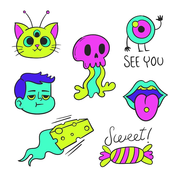 Tekening van stickercollectie met zure kleuren