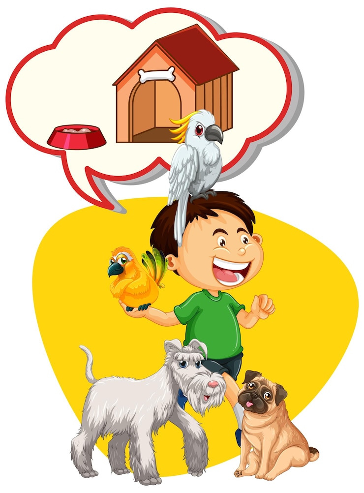 Gratis Vector tekstballon met jongen en veel huisdieren