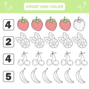 Tel en kleur spel voor kleuters, bessen en fruit werkblad
