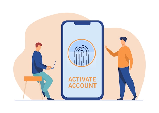 Telefoongebruiker activeert account met vingerafdruk. Smartphonescherm, biometrische identiteit