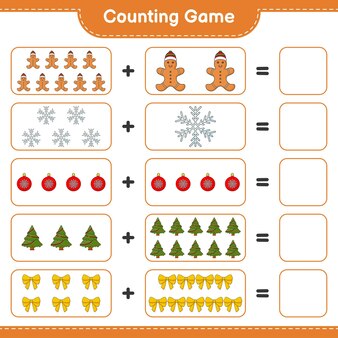 Telspel, tel het aantal snowflake, ribbon, tree, christmas ball, gingerbread man en schrijf het resultaat op. educatief kinderspel, afdrukbaar werkblad, vectorillustratie