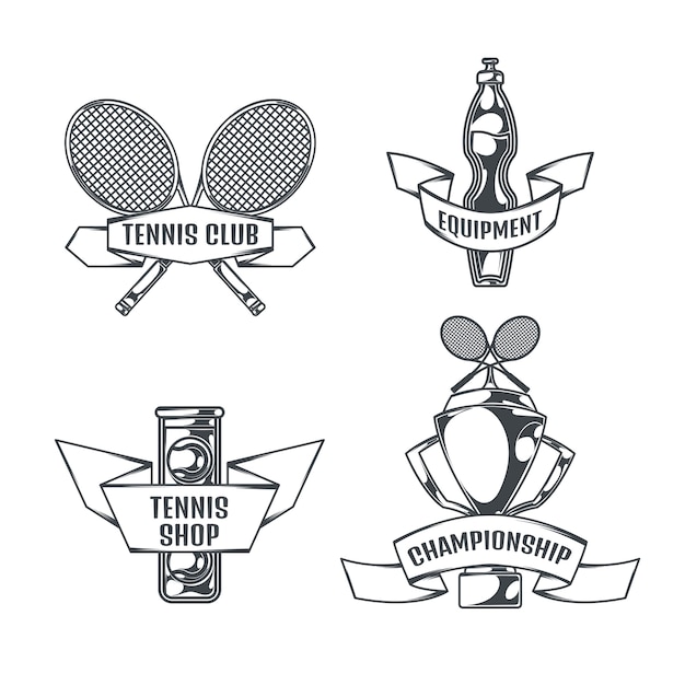 Gratis vector tennis set van vier geïsoleerde logo's in vintage stijl