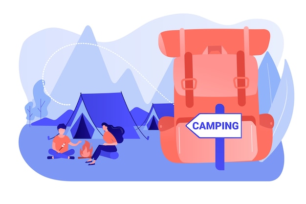 Tent in het bos, toeristen wandelen, backpacken vakantie. Zomerkamperen, familiecampingavontuur, slaapkamp, beste kampeeruitrusting hier concept. Roze koraal bluevector geïsoleerde illustratie