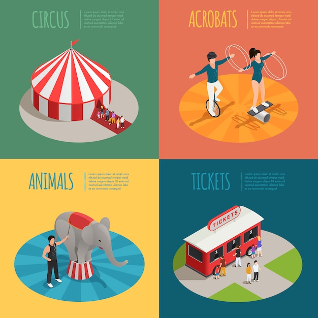 Gratis vector tentacrobaten ticket kassier trailer en olifant trainer vierkante composities