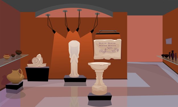 Gratis vector tentoonstellingszaal museum illustratie kostbaar antiek vitrine historische paradepaardjes expositie oud aardewerk onthoofd marmeren beeldhouwwerk en stenen plaat met oude taal snijwerk