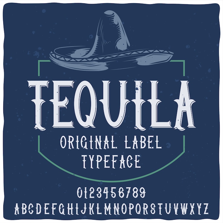 Gratis Vector tequila blauw label met lettertype