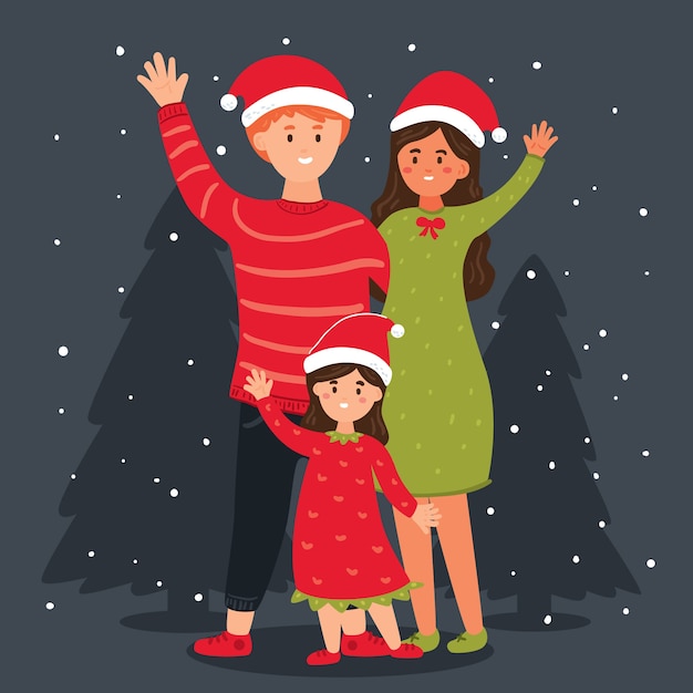 Gratis vector ter beschikking getrokken het concept van de de familiescène van kerstmis