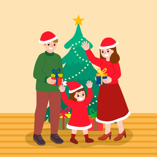 Gratis vector ter beschikking getrokken het concept van de de familiescène van kerstmis